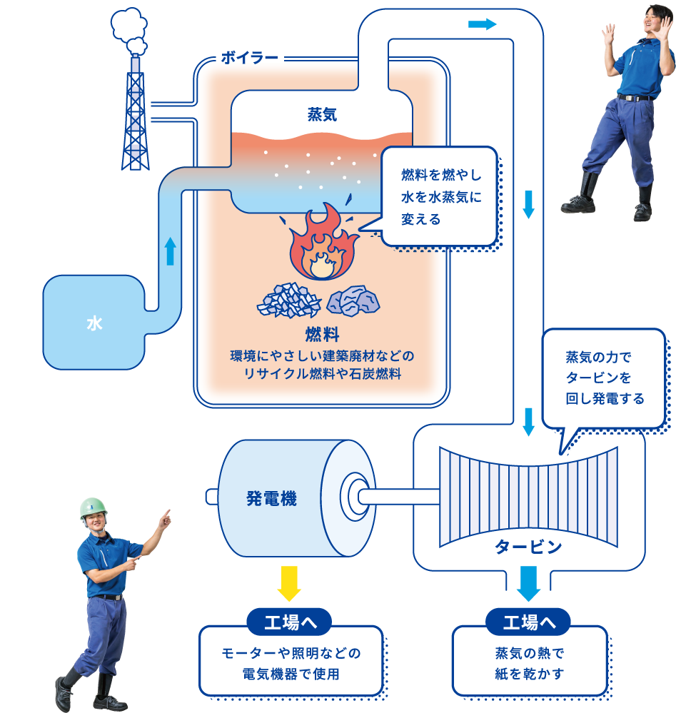 燃料を燃やし水を水蒸気に変える→蒸気の力でタービンを回し発電する。電気は工場のモーターや照明などの電気機器で使用。蒸気の熱で紙を乾かす。